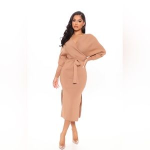 Fashion nova Taupe Batwing Wrap Midi Sweater Dress Medium NWT